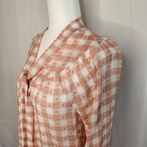 Nanette Lepore Size Small Tie V-Neck Soft Gingham Peach Swiss Dot L/S Blouse - Picture 7 of 13